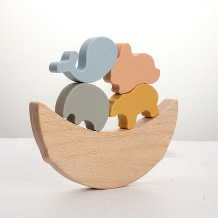 Nordic Style Wooden Animal Stacking Toys Baby Food Grade Silicone Folding Music