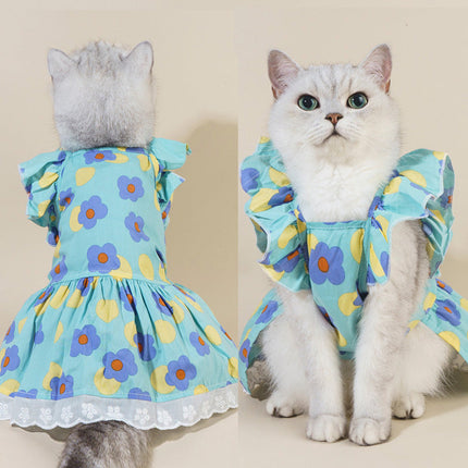 Spring And Summer Dog Clothes Cat Clothing Pet Cotton Floral Slip Dress Mesh Skirt Dress