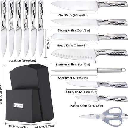 Kitchen Knife Set. LapEasy 15 Piece Knife Sets With Block Chef Knife Stainless Steel Hollow Handle Cutlery With Manual Sharpener