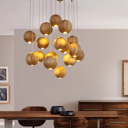 Nordic wood solid wood ball chandelier creative personality living room dining room hanging lamps