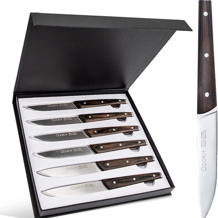 6Pcs Steak Knife Set Serrated Stainless Steel Utility with Wooden Handle for Home Dining Restaurant