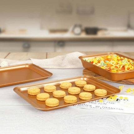 Original Cookie Sheet & Roasting Tray Set - 3 Pcs Toxic Free NONSTICK - Organic Environmental Friendly Premium Coating - Durable Quality - 2 X Baking Sheets 1 X Roasting Pan - BAKEWARE