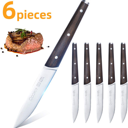 6Pcs Steak Knife Set Serrated Stainless Steel Utility with Wooden Handle for Home Dining Restaurant