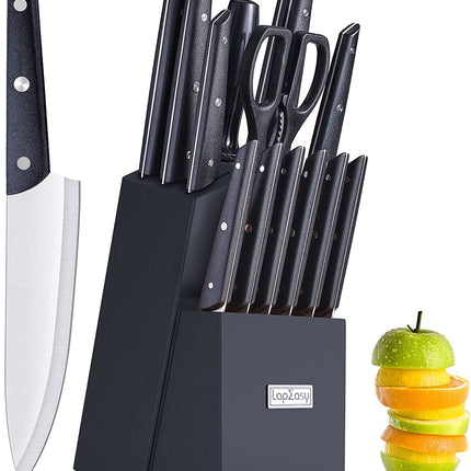 Knife Set With Block,  LapEasy 15 Pieces Kitchen Knife Set With Pine Block Holder, Knife Block Set With Sharpener,  High Stainless Steel Knives With Comfortable-Grip ABS Handles.